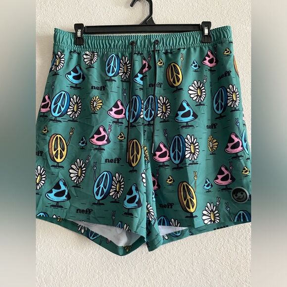 Neff NEW NWT Men's Novelty Print Swim Trunks Green Peace 7" Inseam Size XL - Picture 5 of 8
